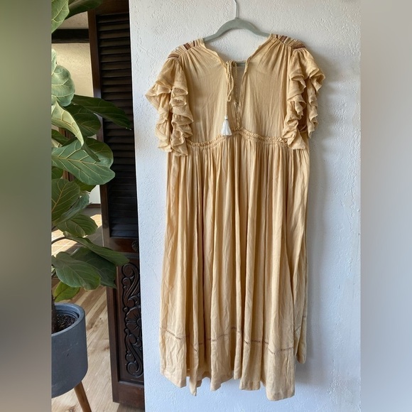 Free People Boho Embroidered Maxi Dress Gauze Flowy Beige Tan Cream Neutral - Picture 8 of 10